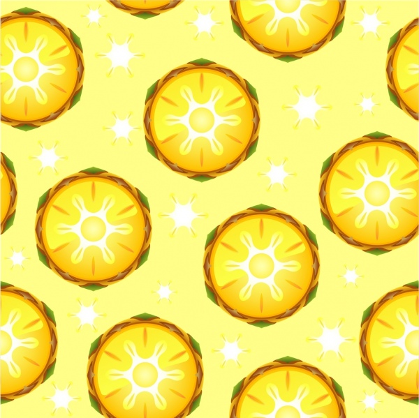 Fondo amarillo piña rodajas iconos repitiendo diseño plano