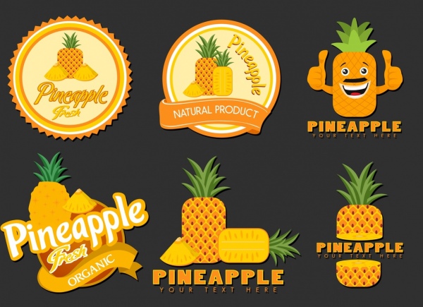 파인애플 logotypes 노란색 아이콘 다양 한 절연 모양