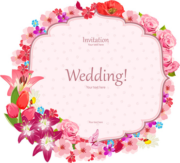 การ์ดเชิญงานแต่งงานของดอกไม้สีชมพูกรอบเวกเตอร์