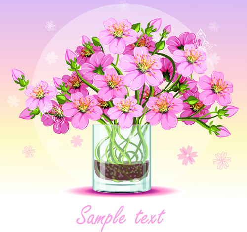 ดอกไม้สีชมพู ด้วยเวกเตอร์ออกแบบถ้วยแก้ว
