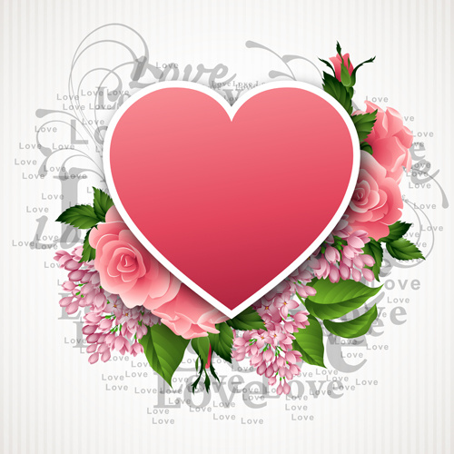 ดอกไม้สีชมพู มีรูปหัวใจวันวาเลนไทน์การ์ดเวกเตอร์