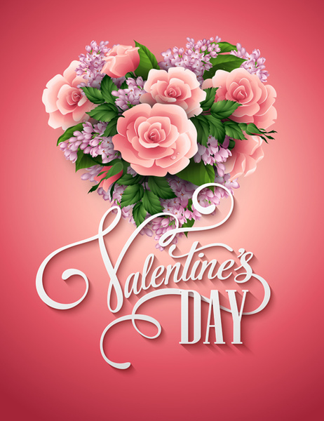 flor rosa con día de San Valentín de forma de corazón vector de tarjetas