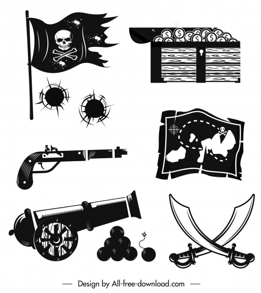 elementos de design pirata preto branco retrô símbolos esboço