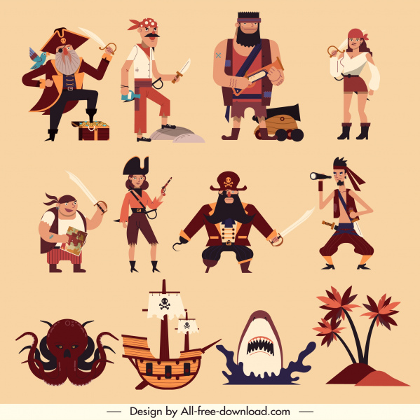 Piraten-Designelemente klassische Embleme Skizze