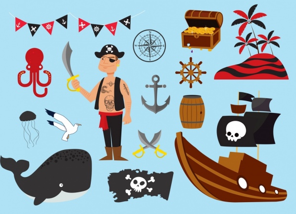 elementos de diseño de piratas dibujos animados iconos de color