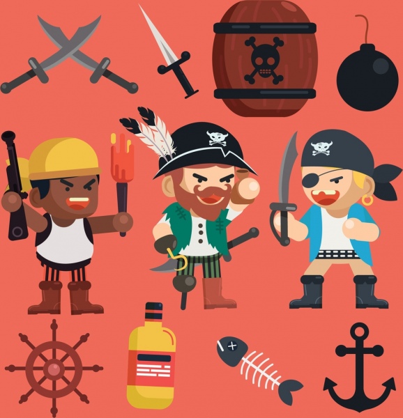 elementi di design pirata uomini spada ancorano icone esplosive