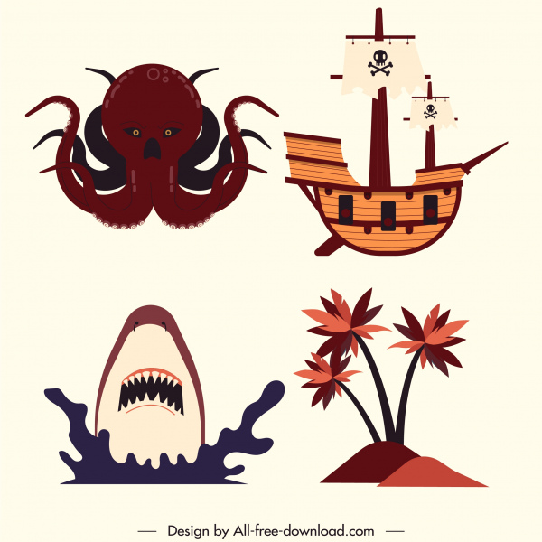 Пиратские элементы дизайна Осьминог Акула Корабль Остров Эскиз