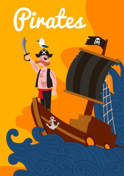 Pirat Tattoo Mann Segelboot Wellen farbige Karikatur Zeichnung