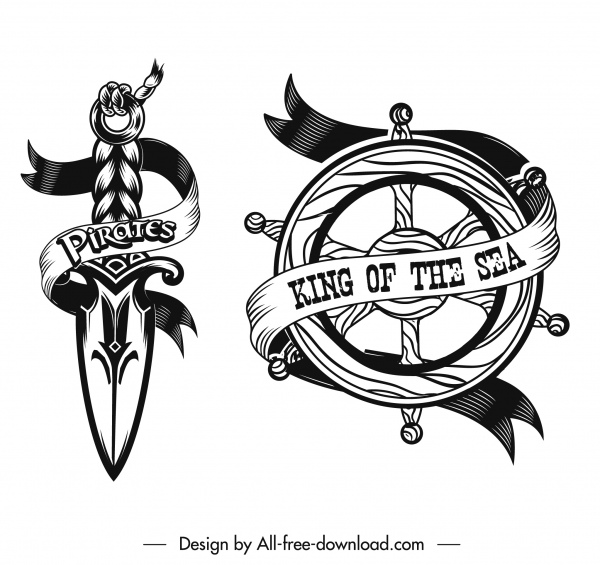 Piraten-Ikonen schwarz weiß Schwert Lenkrad Skizze