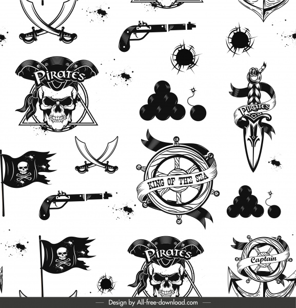Piraten Muster Vorlage schwarz weiß retro Emblem Skizze