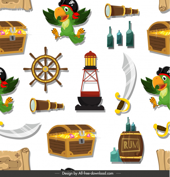 Piraten-Muster-Vorlage bunte klassische Symbole Skizze