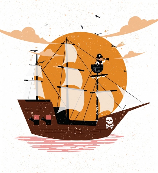 bajak laut kapal desain retro gambar berwarna