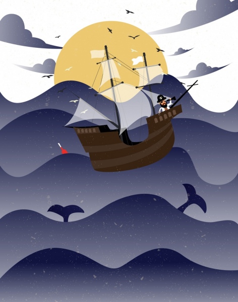 Barco pirata dibujo ondulado playa ballenas, aves marinas iconos