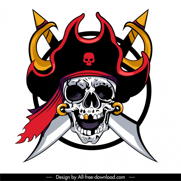 海賊頭蓋骨アイコン怖い顔のスケッチ剣の装飾