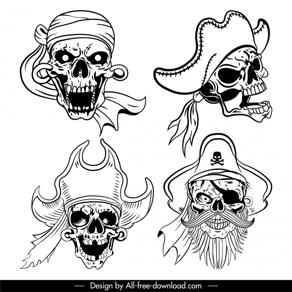 القراصنة الجمجمة الرموز الأبيض الأسود رسم تصميم مخيف