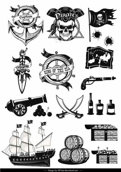Piraten Design Elemente schwarz weiß retro Symbole Skizze
