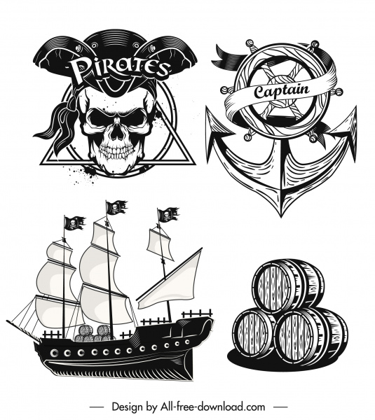 Piraten Design Elemente Vintage schwarz weiß Design