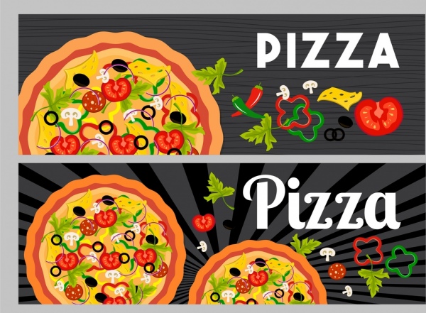 إعلان البيتزا مجموعات ملونة مسطحة تصميم الأيقونات المكون