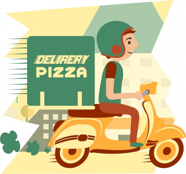 pizza pubblicitario per liberare scooter icona di colore dei cartoni animati