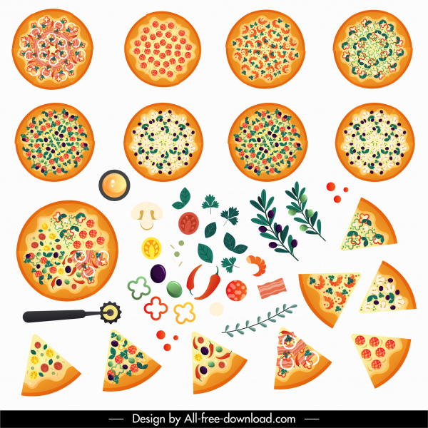 ピザのデザイン要素カラフルなフラットデザイン