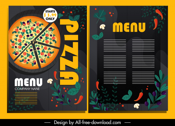 menu de pizza modelo colorido decoração ingredientes de design escuro