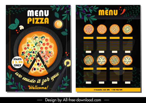 template menu pizza Pie bahan dekorasi berwarna-warni gelap