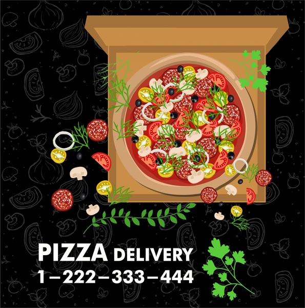 annuncio pubblicitario di promozione pizza con stile colorato su sfondo scuro