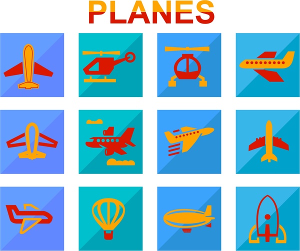pesawat ikon desain dengan berbagai gaya berwarna datar