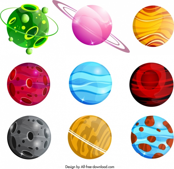 行星图标收集丰富多彩的现代装饰圈设计