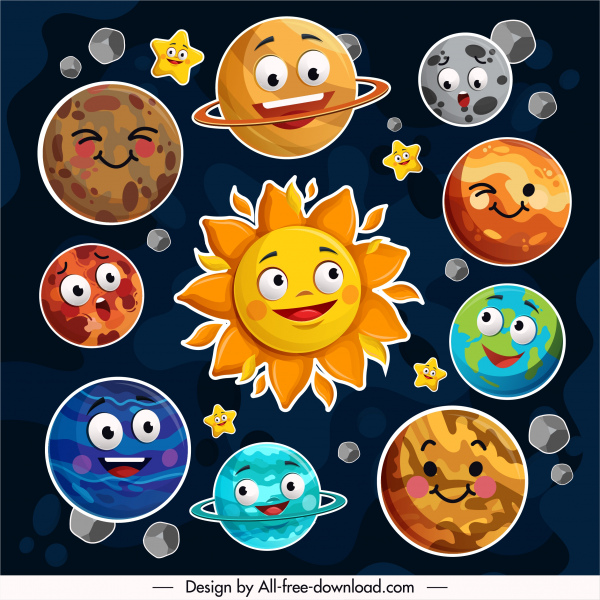 planetas ícones engraçado estilizado esboço rostos emocionais