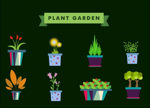 Planta jardin elementos de diseño diferentes flores jarrón iconos
