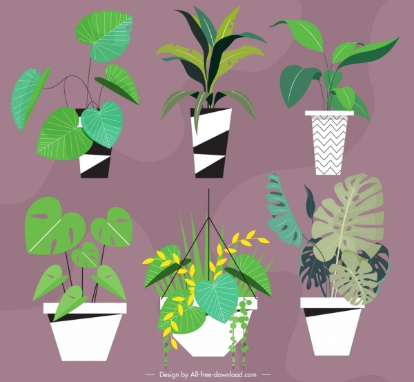 vasos de plantas ícones folhas verdes decoração design clássico