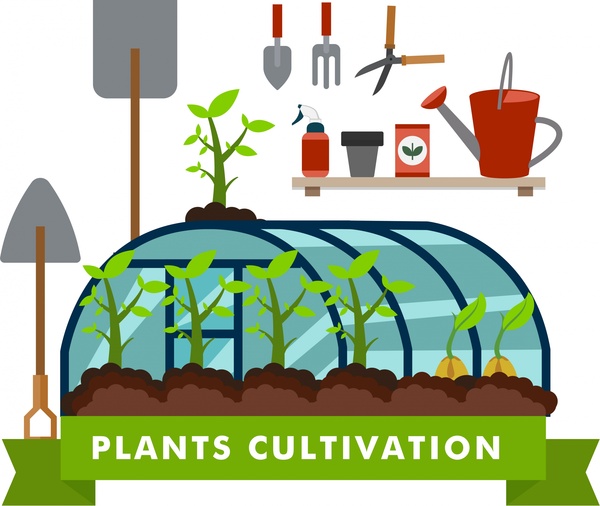 Иллюстрация концепции культивирования растения с инструментами и Теплице