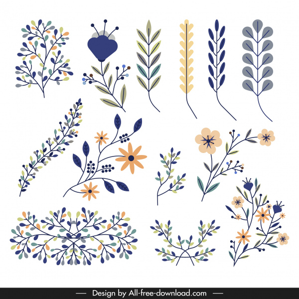 thực vật biểu tượng lá Hoa phác thảo đầy màu sắc phẳng cổ điển