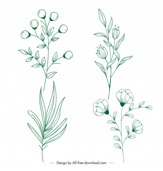 植物アイコン緑の平らな手描きの葉の植物のスケッチ