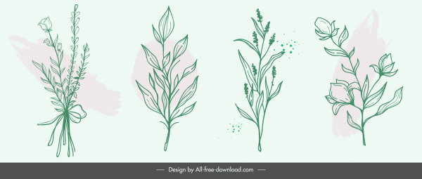식물 아이콘 복고풍 손으로 그린 플로라 잎 스케치