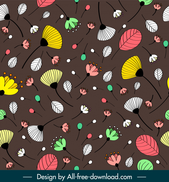 식물 패턴 템플릿 다채로운 복고풍 손으로 그린 식물잎