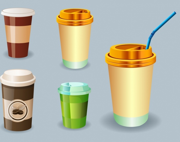 copo plástico ícones 3d brilhante projeto colorido