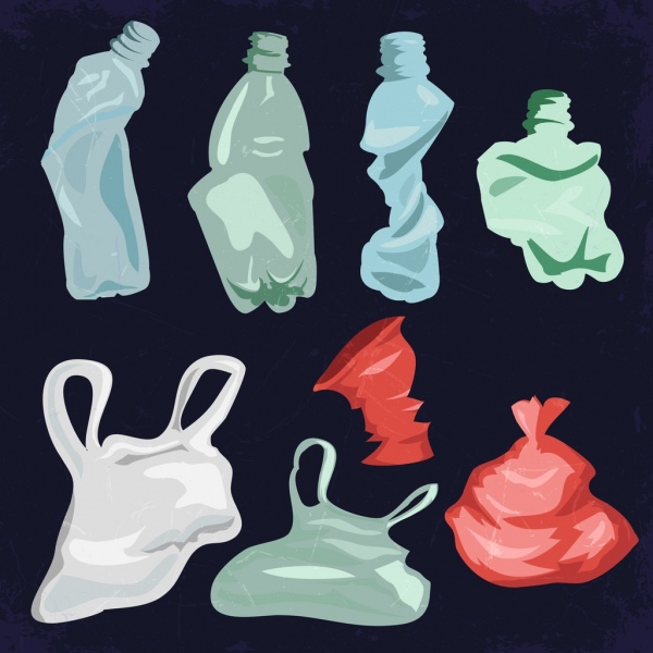 пластиковые мусорные иконки цветной смятый дизайн различные типы
