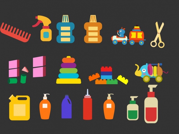 البلاستيك أدوات أيقونات جمع مختلف أنواع متعددة الالوان شقة