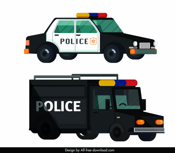 icônes de voiture de police moderne conception colorée 3d croquis
