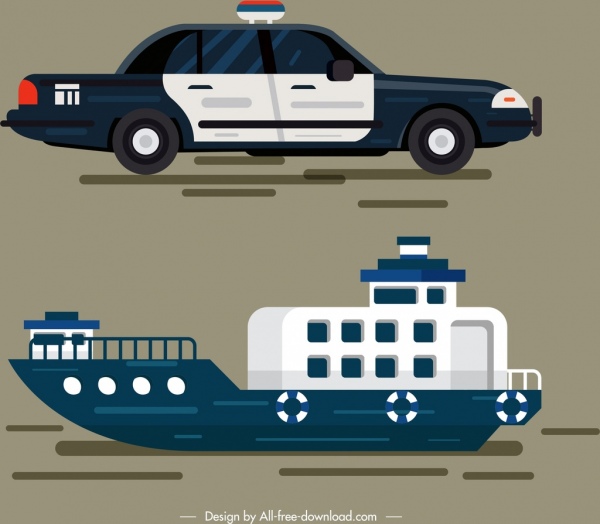 ícones de veículos do navio carro polícia colorido design moderno