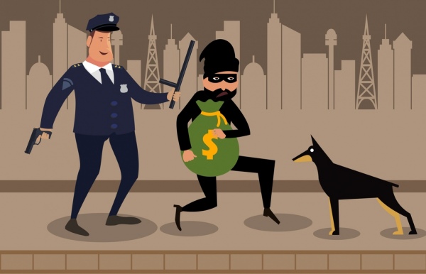 polícia captura ladrão projeto colorido dos desenhos animados de desenho