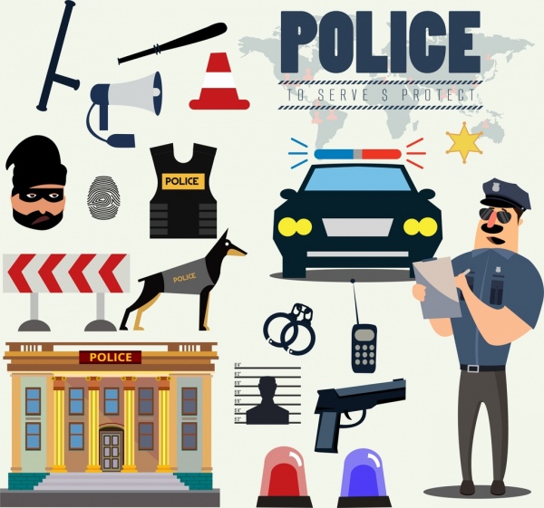 Polizei-Design Elemente Zubehör Symbole farbige cartoon