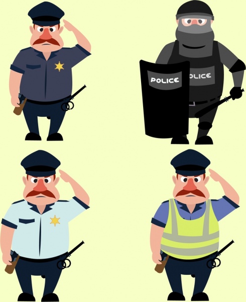 coleção de ícones de polícia vários trajes coloridos dos desenhos animados