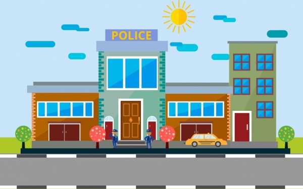 Polizeistation Fassadengestaltung farbige Cartoon Dekor