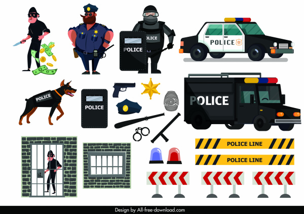 Polisi bekerja desain elemen kartun karakter objek sektch