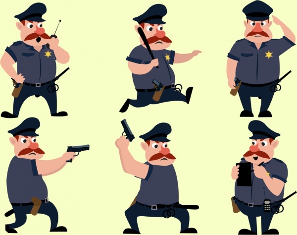 경찰관 아이콘 모음 다양 한 제스처 만화 디자인