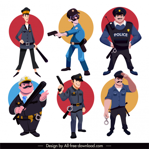 Polizisten Icons lustige Zeichentrickfiguren Skizze