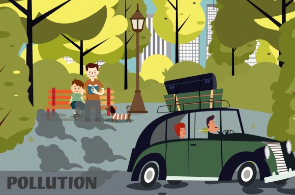 poluição fundo carro pessoas parque fumaça ícones